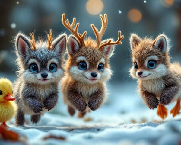 Snowy Forest Scene with Fluffy Animals and Duckling