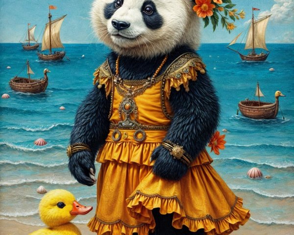 Panda in Yellow Dress on Beach with Duck and Sailboats