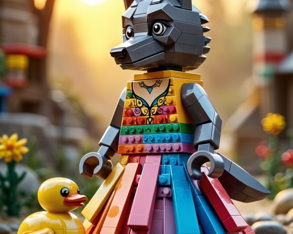 Colorful LEGO Wolf Figure with Rubber Duck in Scene