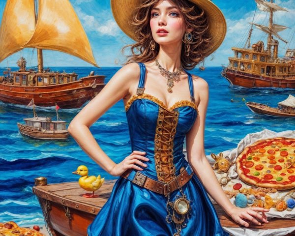 Whimsical Scene of Woman in Blue Dress by Vibrant Sea
