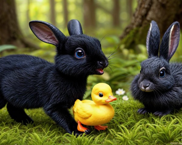 Bunnies and Duckling in a Vibrant Forest Setting