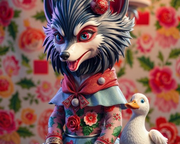 Whimsical Character with Fox Head and Floral Gown