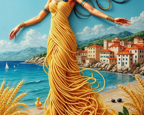 Surreal Coastal Scene with Woman in Pasta Gown