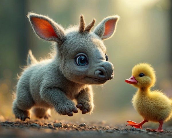 Fluffy Unicorn-Like Creature Meets Yellow Duckling