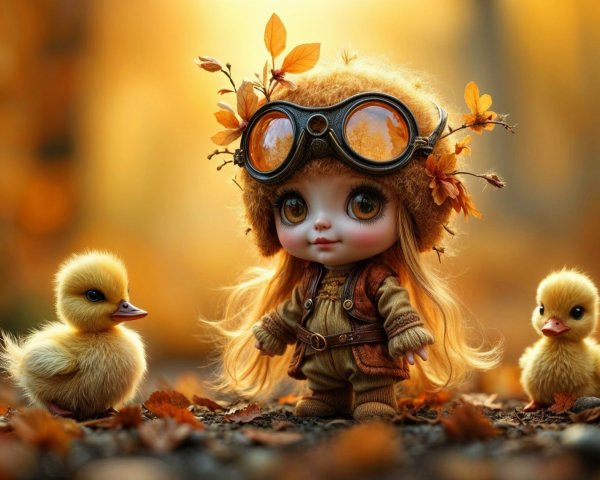 Charming Doll in Autumn Forest with Ducklings