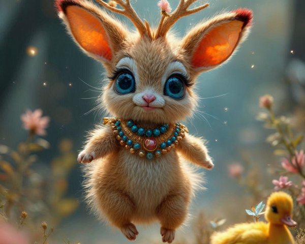 Whimsical Creature with Antlers and Colorful Necklace