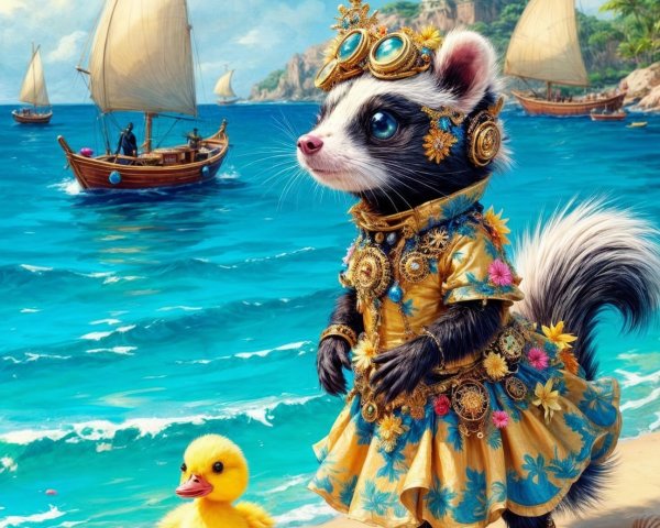 Fashionable Ferret and Duckling at Sunny Beach Scene