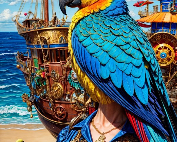 Colorful Parrot on Shoulder with Ship and Duck Scene