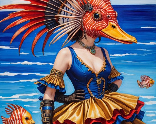 Whimsical Figure in Vibrant Dress by the Ocean