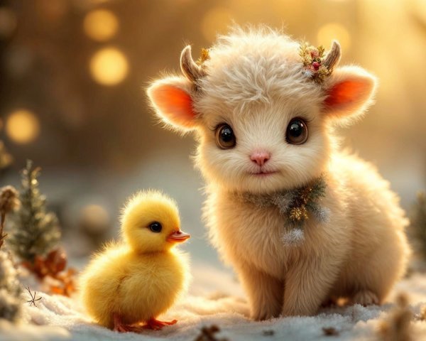 Whimsical Scene of Fluffy Creature and Duckling in Snow