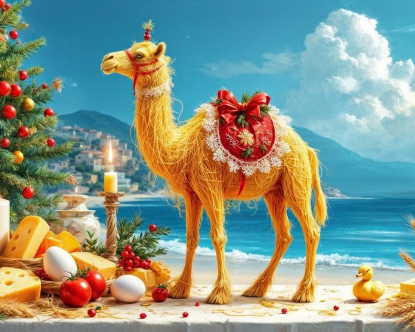 Whimsical Camel Scene with Festive Beach Decorations