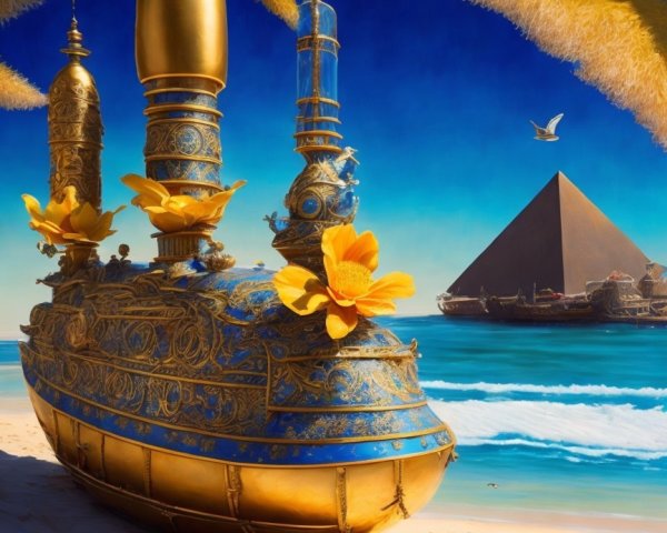 Ornate Golden Ship on Beach with Pyramid and Palm Leaves