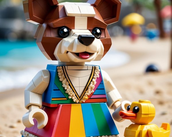 Colorful LEGO Bear and Duck on a Sandy Beach