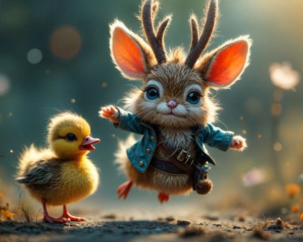 Whimsical Scene of Deer-like Creature and Duckling