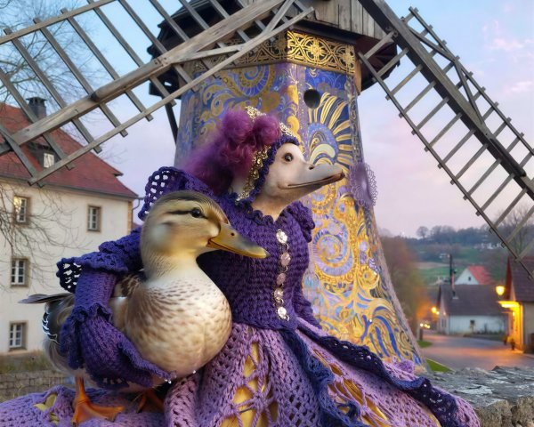 Ducks in Crocheted Outfits by Decorative Windmill