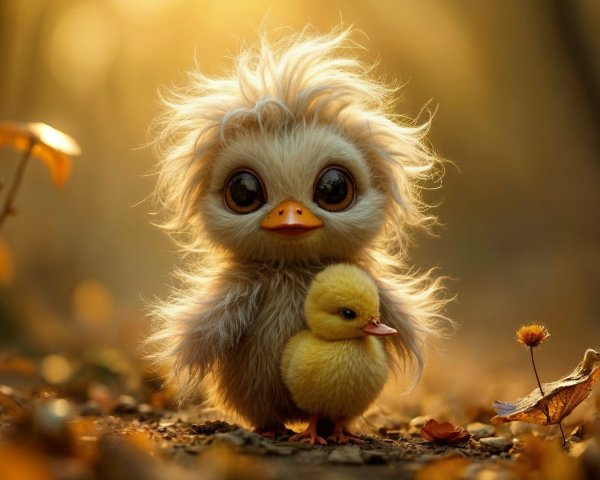 Fluffy Duckling-Like Creature with Adorable Chick in Autumn