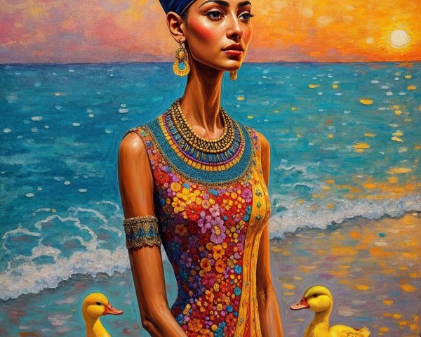 Regal Figure in Floral Dress at Sunset Shoreline