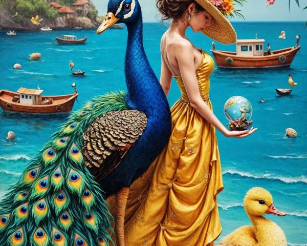 Serene Woman in Yellow Gown with Globe and Wildlife