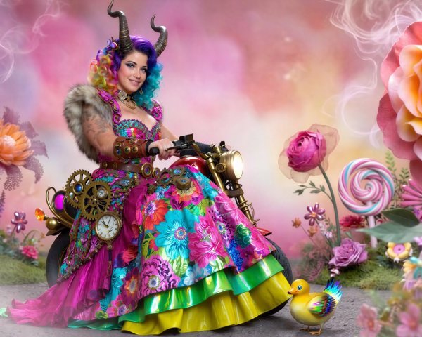 Steampunk Alice on Motorcycle in Fantasy Landscape