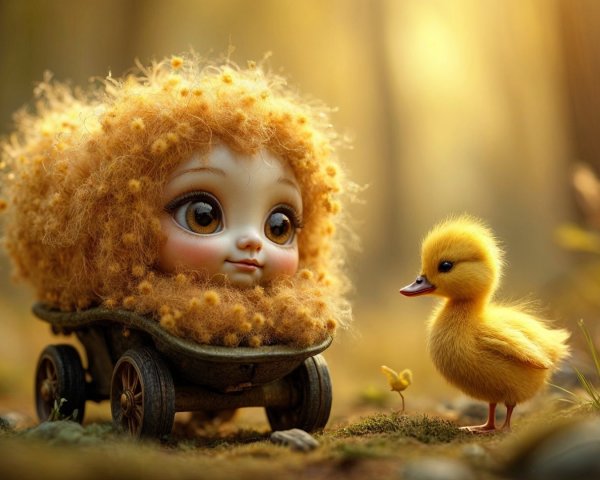 Whimsical Doll and Duckling in Enchanted Woodland Scene