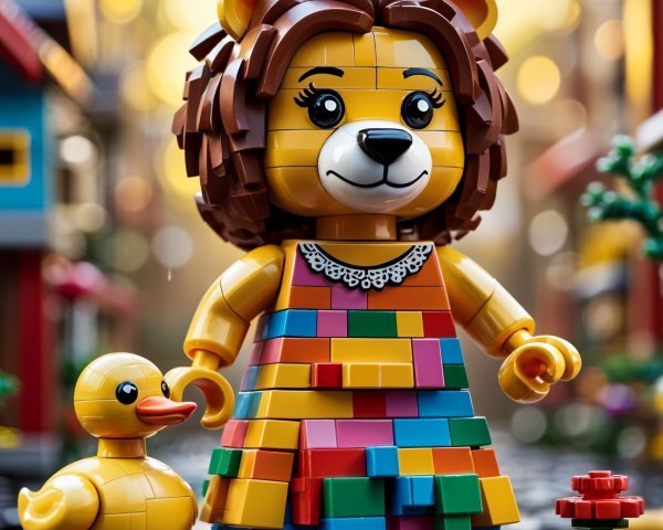 Colorful LEGO Lion Figure in Vibrant Street Scene
