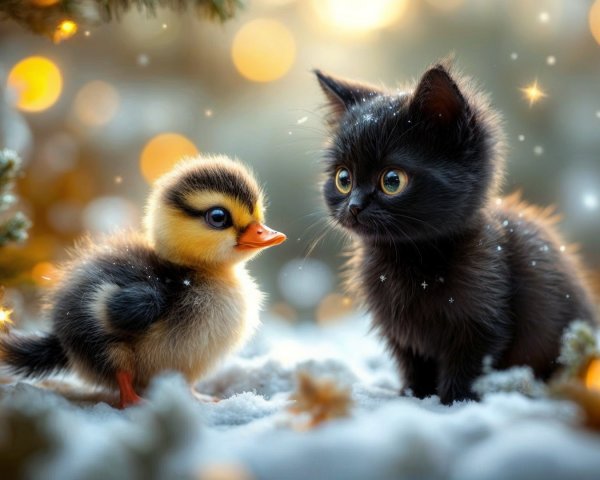 Fluffy Black Kitten and Duckling in Snowy Scene