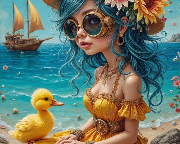 Whimsical Beach Scene with Colorful Girl and Duck