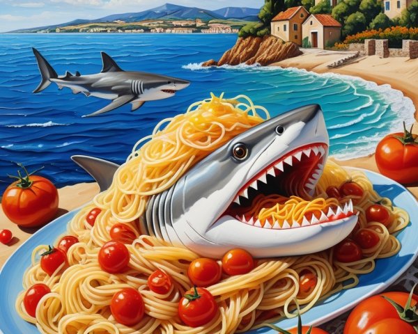 Whimsical Spaghetti Dish with Shark-Shaped Fish