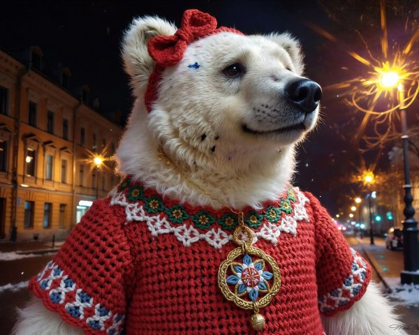 Furry White Bear in Christmas Sweater with Pendant