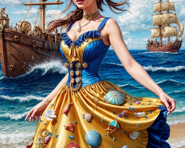 Young Woman in Vibrant Seashell Dress on Beach