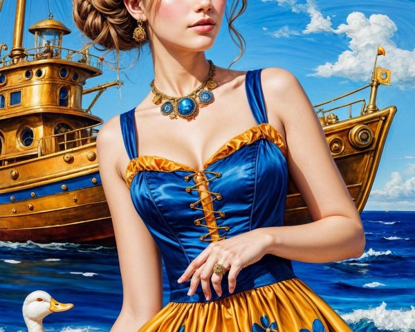 Young woman in floral dress by golden ship and sea