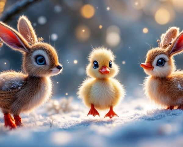 Whimsical Winter Scene with Adorable Animal Characters