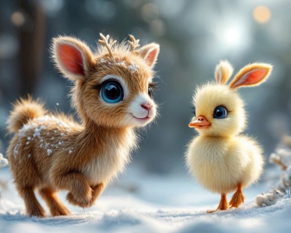 Snowy Forest Scene with Fawn and Duckling