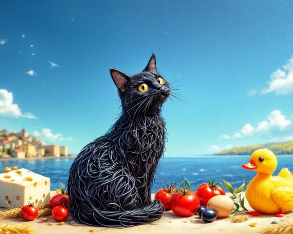 Whimsical Black Cat and Rubber Duck by Serene Lake