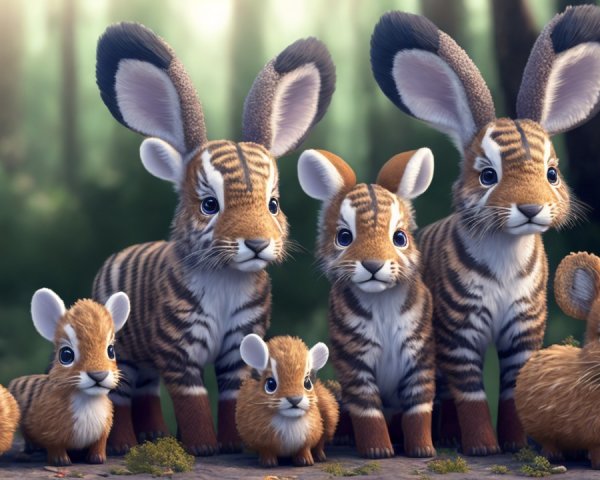 Whimsical striped rabbits in a lush forest setting