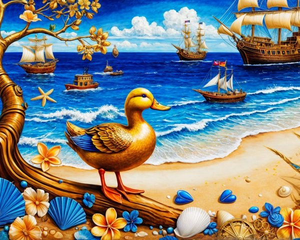 Vibrant Beach Scene with Duck and Sailboats