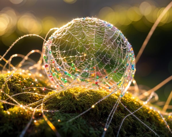Glistening Web with Colorful Beads on Green Moss