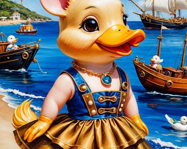 Cheerful Piglet in Stylish Dress by Vibrant Seaside