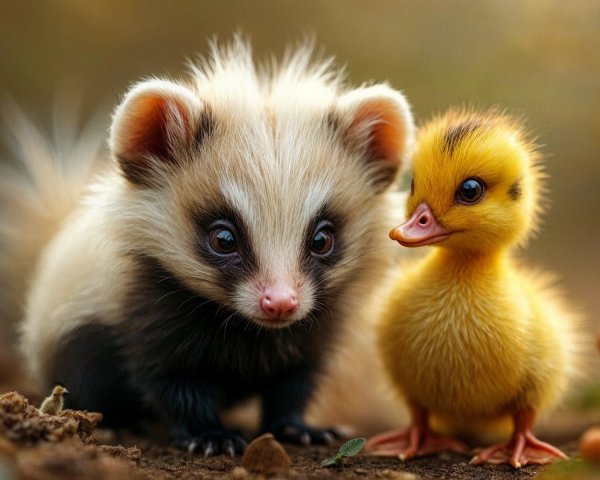 Fluffy Animal and Duckling in Whimsical Setting