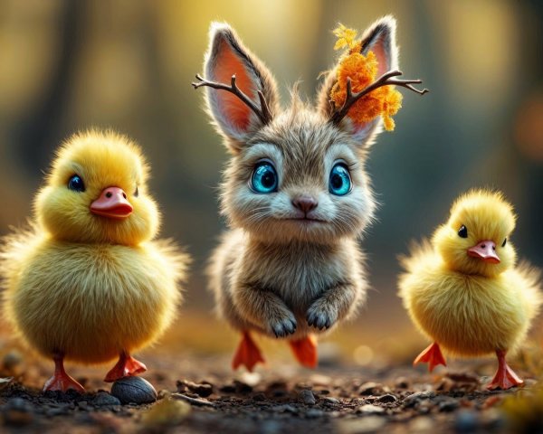 Whimsical Rabbit and Ducklings in Dreamy Forest Scene
