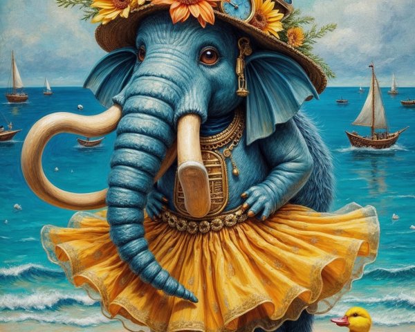 Whimsical Blue Elephant in Tutu at Beach Scene