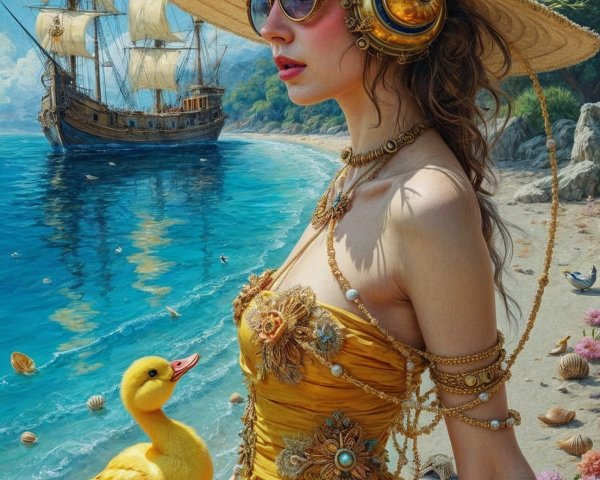 Woman in Yellow Dress by Serene Beach with Duckling