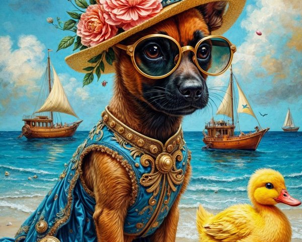 Fashionable Dog in Blue Gown at Beach Scene