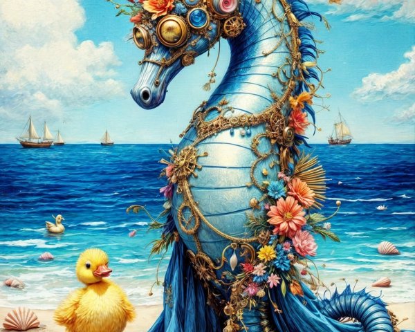 Vibrant Seahorse and Ducklings at Sunny Beach Scene
