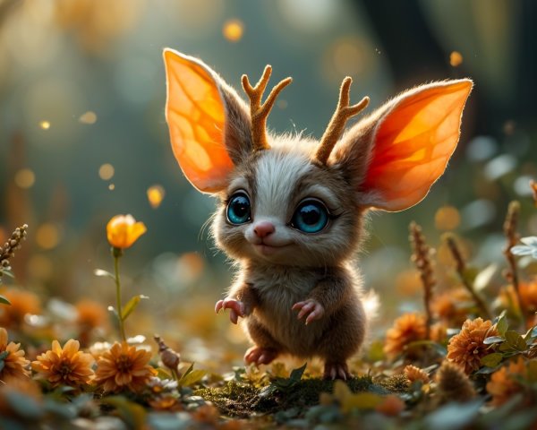 Whimsical Creature in Sunlit Meadow with Flowers