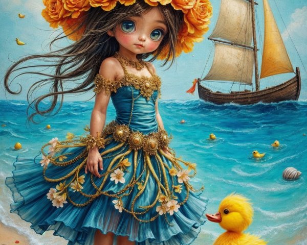 Whimsical Beach Scene with Girl and Duckling