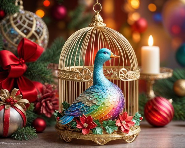 Colorful Peacock Figurine in Ornate Birdcage Decor