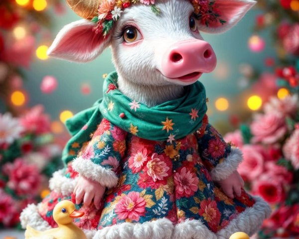 Whimsical Cow Character Design with Floral Accents