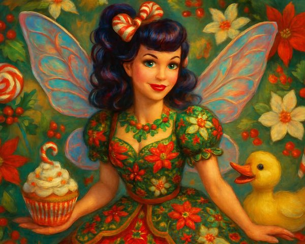 Vibrant Oil Painting of a Festive Fairy with Holiday Motifs