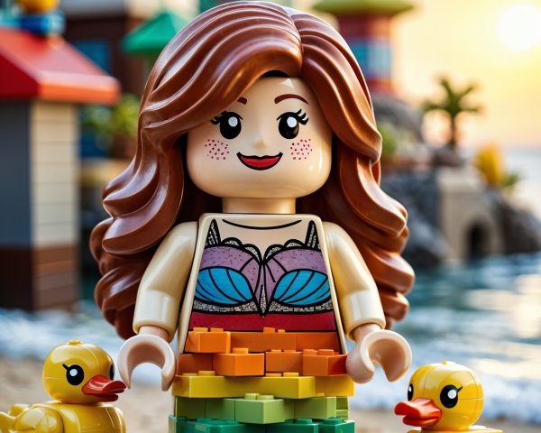 LEGO Figure on Beach with Rubber Ducks and Cottages